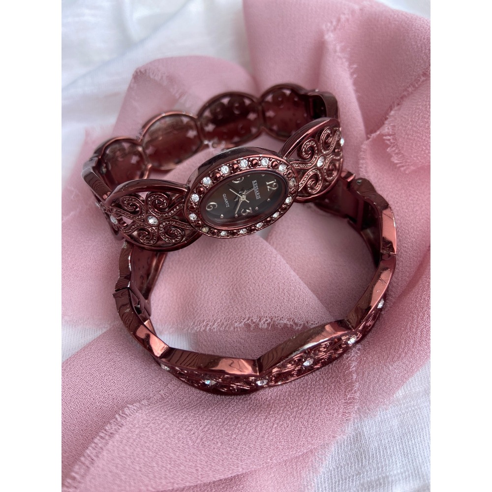 Kessaris Women Bronze Filigree Crystal Watch and Matching Bangle Bracelet Set